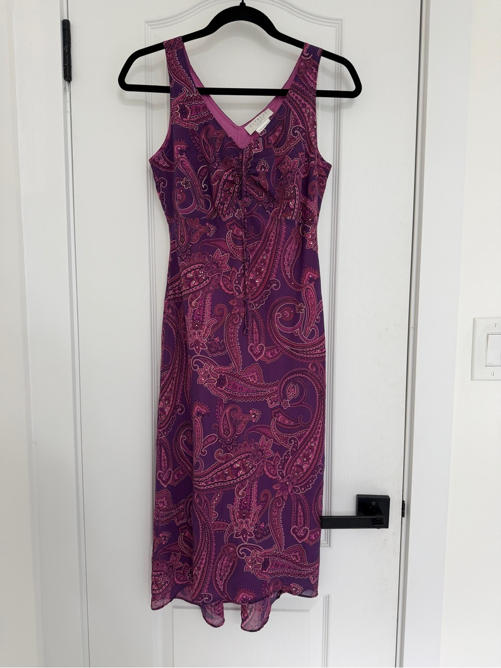 Purple Paisley V-Neck Dress with tie. Made in France.
